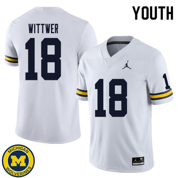 Youth University of Michigan #18 Max Wittwer White Player Football Jersey